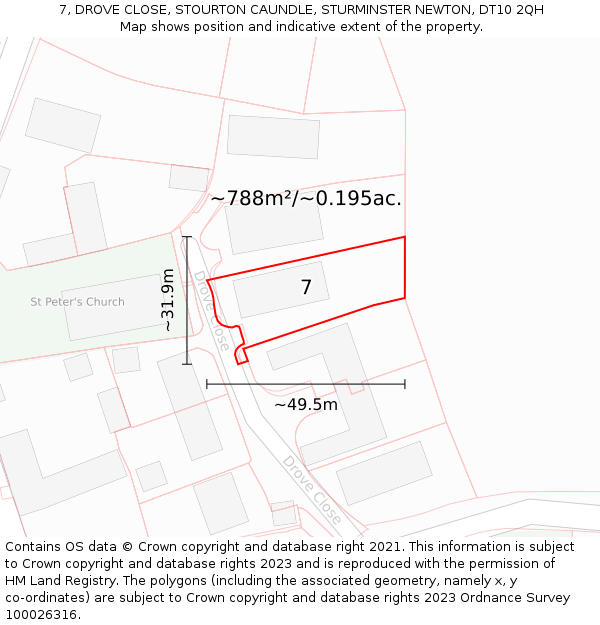 7, DROVE CLOSE, STOURTON CAUNDLE, STURMINSTER NEWTON, DT10 2QH: Plot and title map