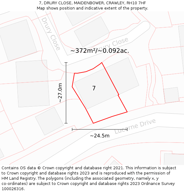 7, DRURY CLOSE, MAIDENBOWER, CRAWLEY, RH10 7HF: Plot and title map