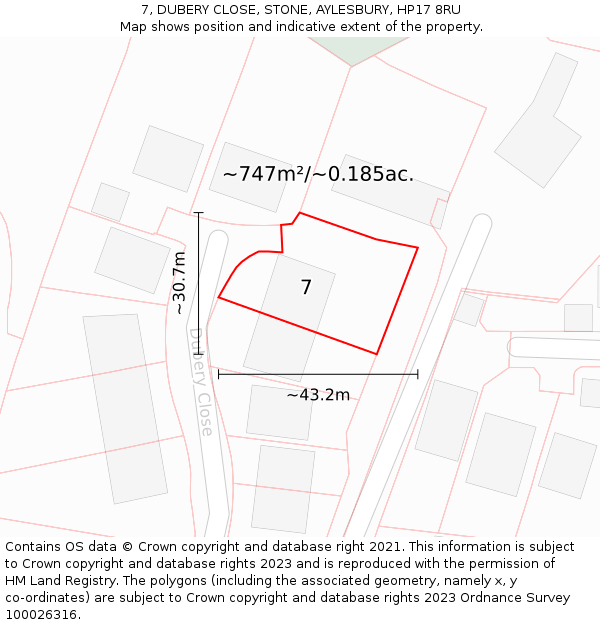 7, DUBERY CLOSE, STONE, AYLESBURY, HP17 8RU: Plot and title map