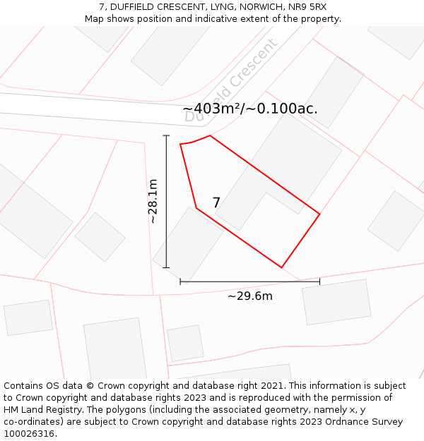 7, DUFFIELD CRESCENT, LYNG, NORWICH, NR9 5RX: Plot and title map