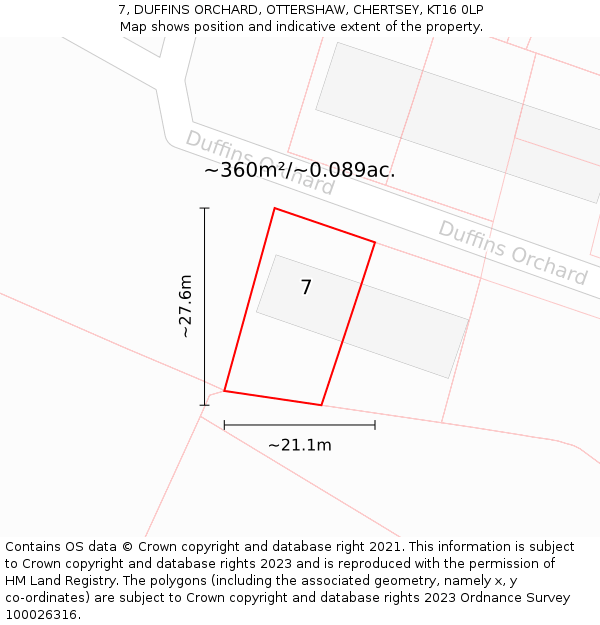 7, DUFFINS ORCHARD, OTTERSHAW, CHERTSEY, KT16 0LP: Plot and title map