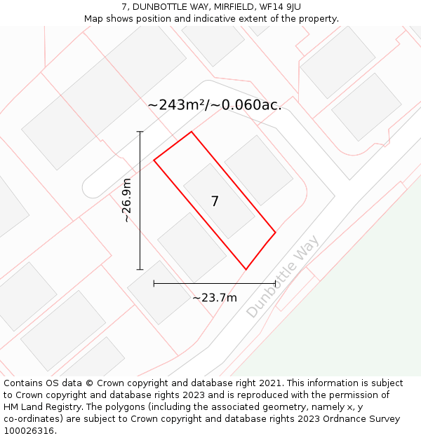7, DUNBOTTLE WAY, MIRFIELD, WF14 9JU: Plot and title map