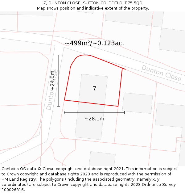 7, DUNTON CLOSE, SUTTON COLDFIELD, B75 5QD: Plot and title map