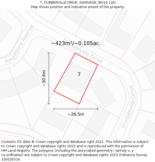 7, DURBERVILLE DRIVE, SWANAGE, BH19 1QN: Plot and title map