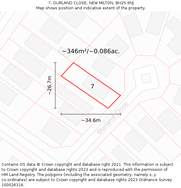 7, DURLAND CLOSE, NEW MILTON, BH25 6NJ: Plot and title map