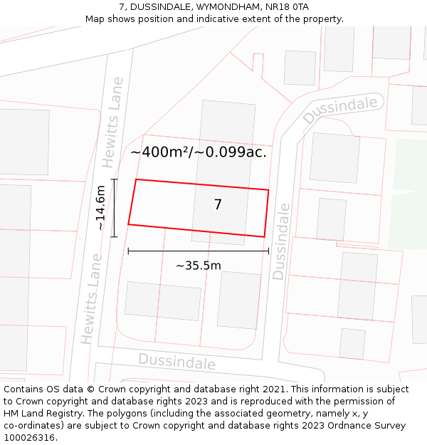 7, DUSSINDALE, WYMONDHAM, NR18 0TA: Plot and title map