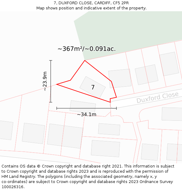 7, DUXFORD CLOSE, CARDIFF, CF5 2PR: Plot and title map