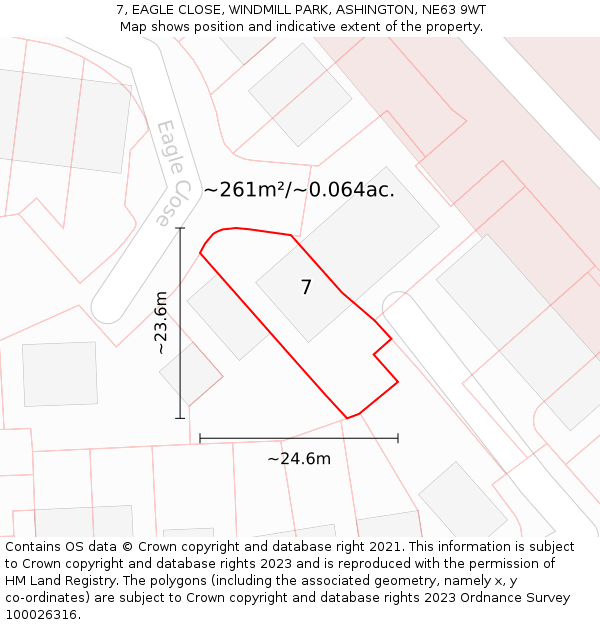 7, EAGLE CLOSE, WINDMILL PARK, ASHINGTON, NE63 9WT: Plot and title map