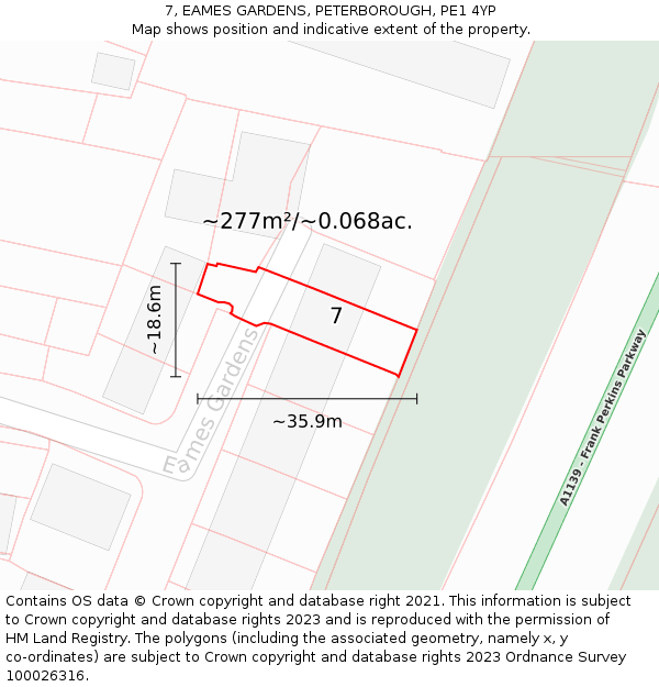 7, EAMES GARDENS, PETERBOROUGH, PE1 4YP: Plot and title map