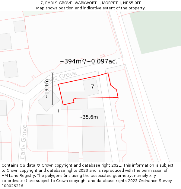 7, EARLS GROVE, WARKWORTH, MORPETH, NE65 0FE: Plot and title map