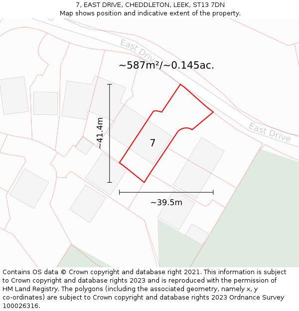 7, EAST DRIVE, CHEDDLETON, LEEK, ST13 7DN: Plot and title map