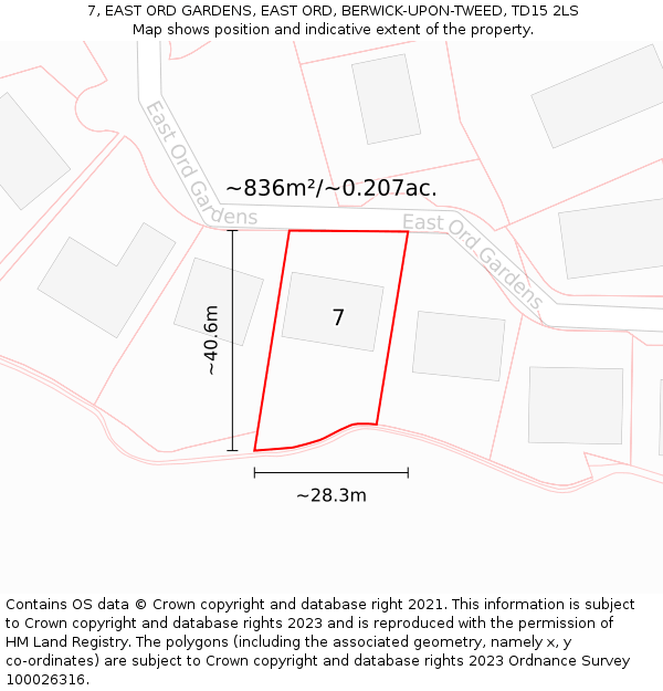 7, EAST ORD GARDENS, EAST ORD, BERWICK-UPON-TWEED, TD15 2LS: Plot and title map