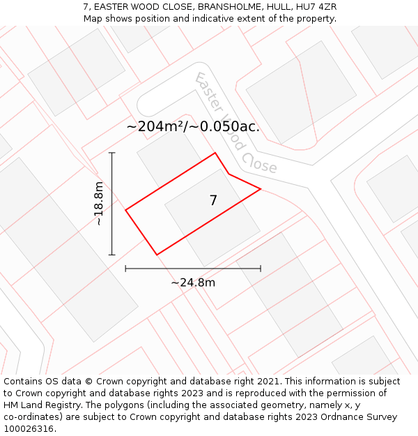 7, EASTER WOOD CLOSE, BRANSHOLME, HULL, HU7 4ZR: Plot and title map