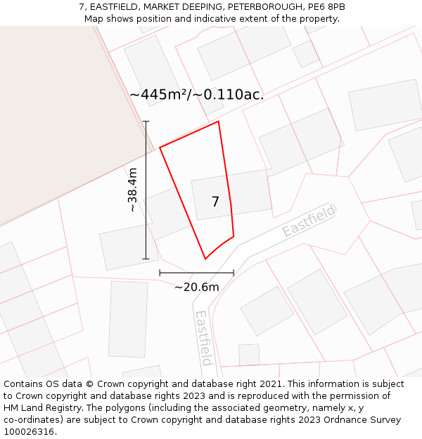 7, EASTFIELD, MARKET DEEPING, PETERBOROUGH, PE6 8PB: Plot and title map