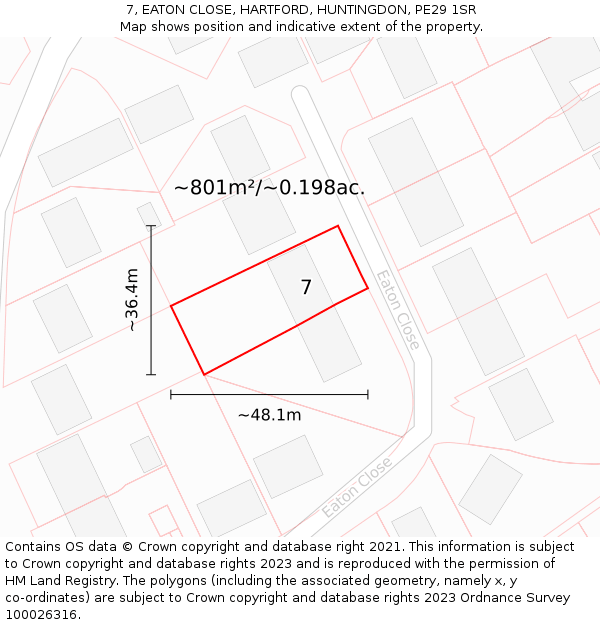7, EATON CLOSE, HARTFORD, HUNTINGDON, PE29 1SR: Plot and title map