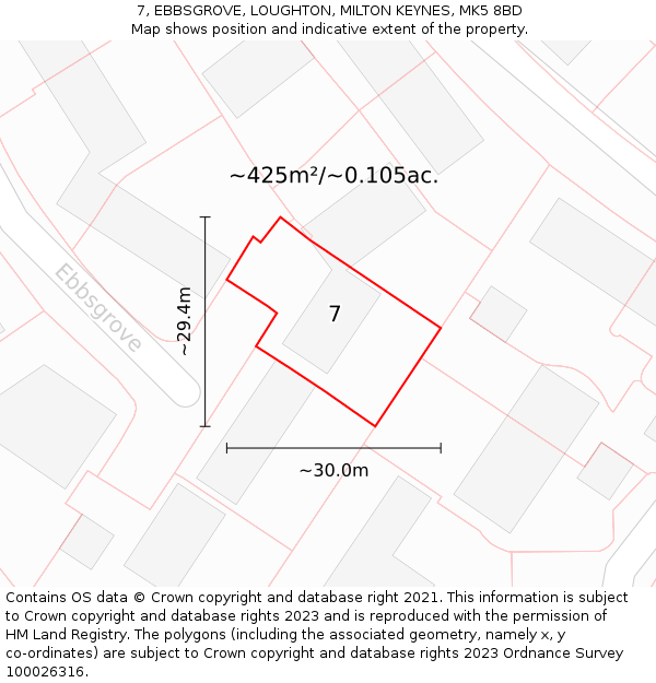 7, EBBSGROVE, LOUGHTON, MILTON KEYNES, MK5 8BD: Plot and title map