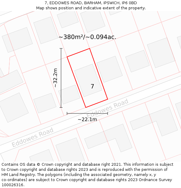 7, EDDOWES ROAD, BARHAM, IPSWICH, IP6 0BD: Plot and title map