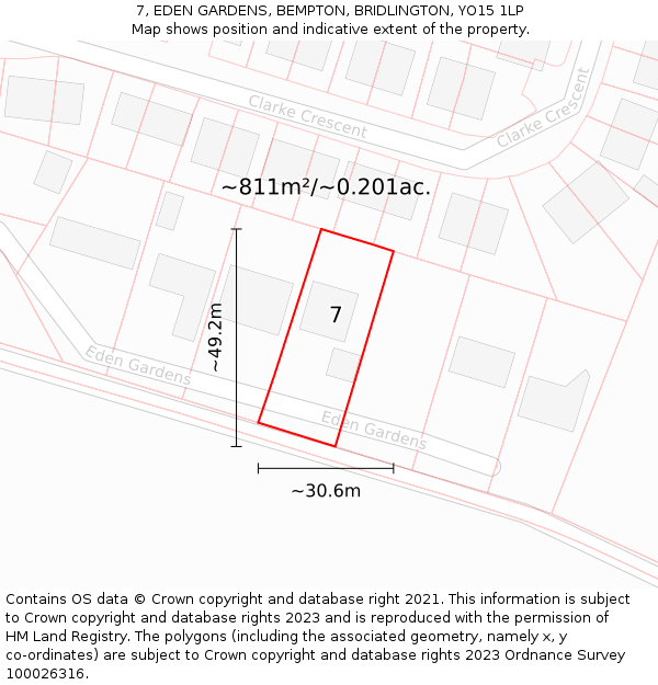 7, EDEN GARDENS, BEMPTON, BRIDLINGTON, YO15 1LP: Plot and title map