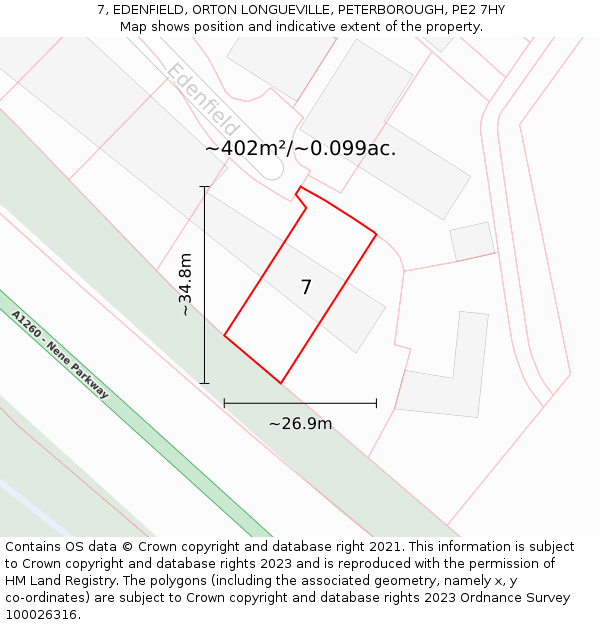 7, EDENFIELD, ORTON LONGUEVILLE, PETERBOROUGH, PE2 7HY: Plot and title map