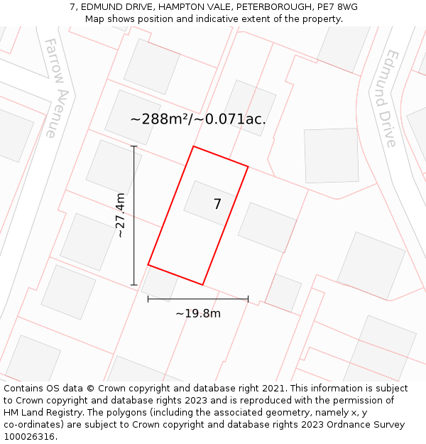 7, EDMUND DRIVE, HAMPTON VALE, PETERBOROUGH, PE7 8WG: Plot and title map