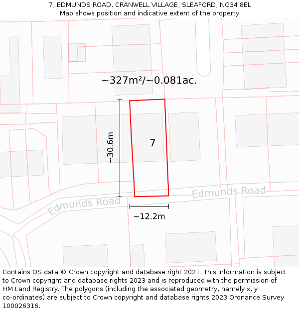 7, EDMUNDS ROAD, CRANWELL VILLAGE, SLEAFORD, NG34 8EL: Plot and title map