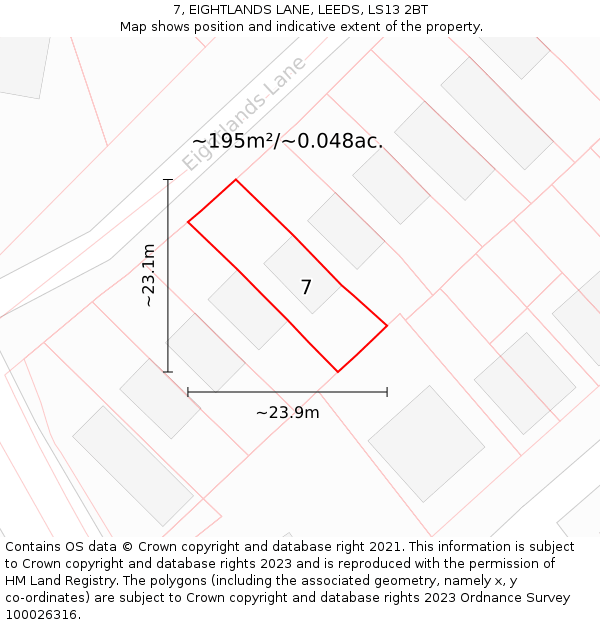7, EIGHTLANDS LANE, LEEDS, LS13 2BT: Plot and title map