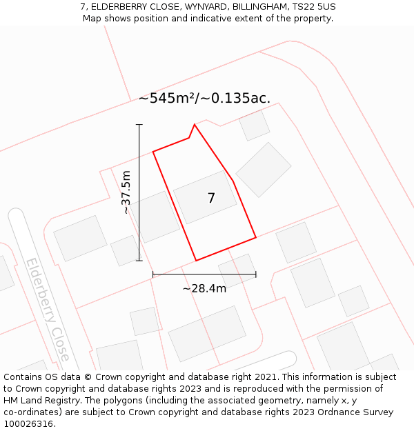 7, ELDERBERRY CLOSE, WYNYARD, BILLINGHAM, TS22 5US: Plot and title map