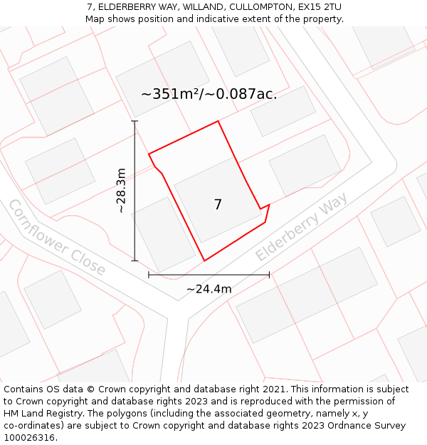 7, ELDERBERRY WAY, WILLAND, CULLOMPTON, EX15 2TU: Plot and title map