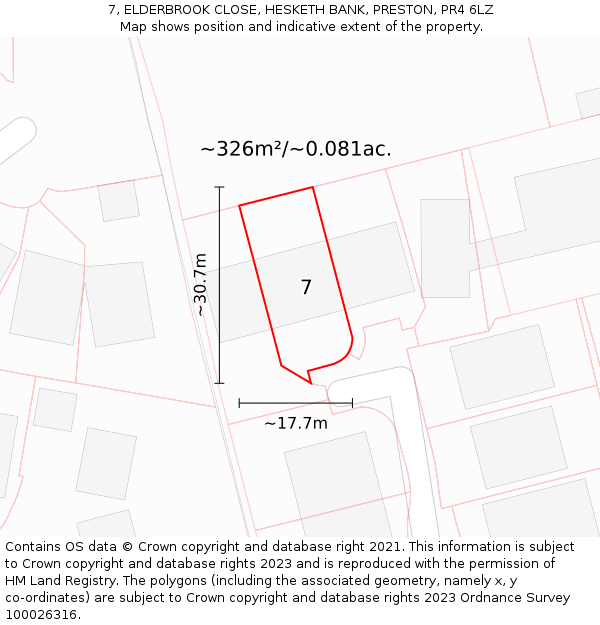 7, ELDERBROOK CLOSE, HESKETH BANK, PRESTON, PR4 6LZ: Plot and title map