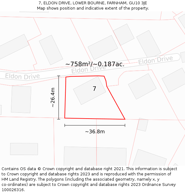 7, ELDON DRIVE, LOWER BOURNE, FARNHAM, GU10 3JE: Plot and title map
