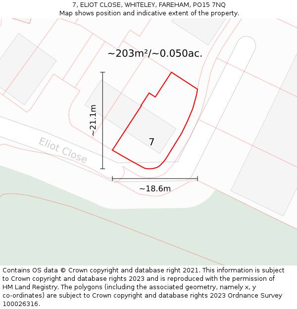 7, ELIOT CLOSE, WHITELEY, FAREHAM, PO15 7NQ: Plot and title map