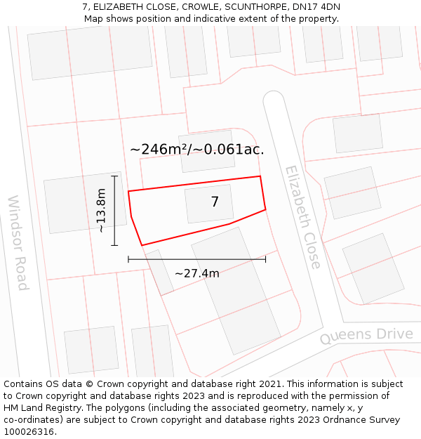 7, ELIZABETH CLOSE, CROWLE, SCUNTHORPE, DN17 4DN: Plot and title map