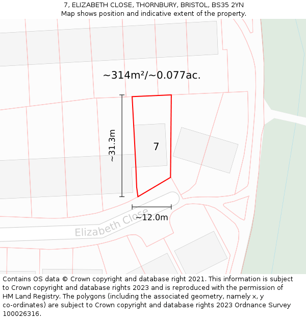7, ELIZABETH CLOSE, THORNBURY, BRISTOL, BS35 2YN: Plot and title map