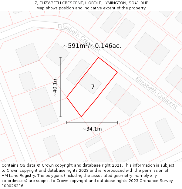 7, ELIZABETH CRESCENT, HORDLE, LYMINGTON, SO41 0HP: Plot and title map