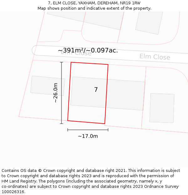 7, ELM CLOSE, YAXHAM, DEREHAM, NR19 1RW: Plot and title map
