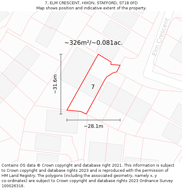 7, ELM CRESCENT, HIXON, STAFFORD, ST18 0FD: Plot and title map
