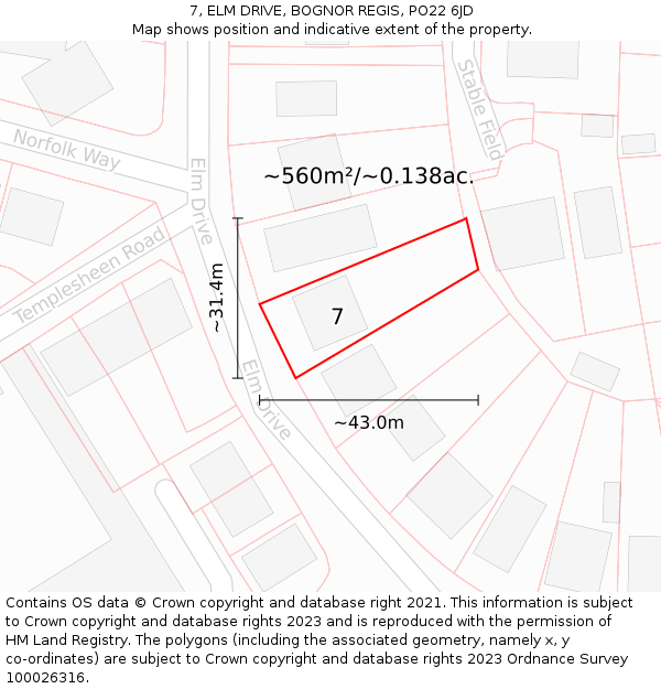 7, ELM DRIVE, BOGNOR REGIS, PO22 6JD: Plot and title map