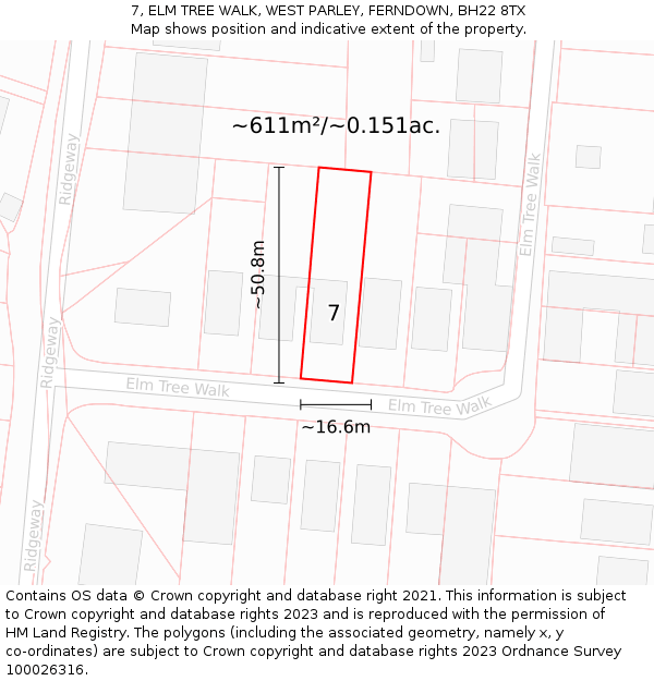 7, ELM TREE WALK, WEST PARLEY, FERNDOWN, BH22 8TX: Plot and title map
