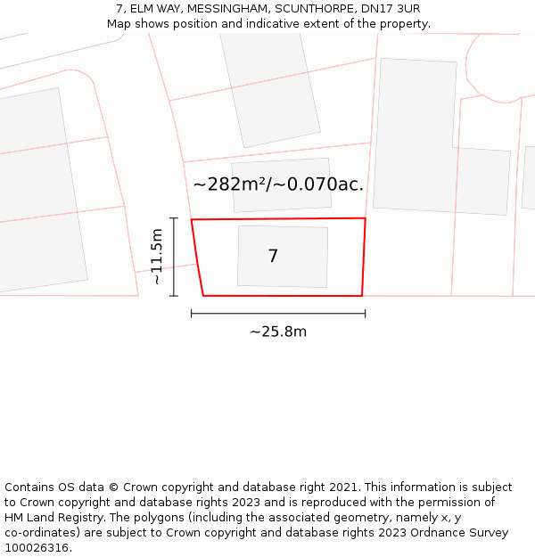 7, ELM WAY, MESSINGHAM, SCUNTHORPE, DN17 3UR: Plot and title map