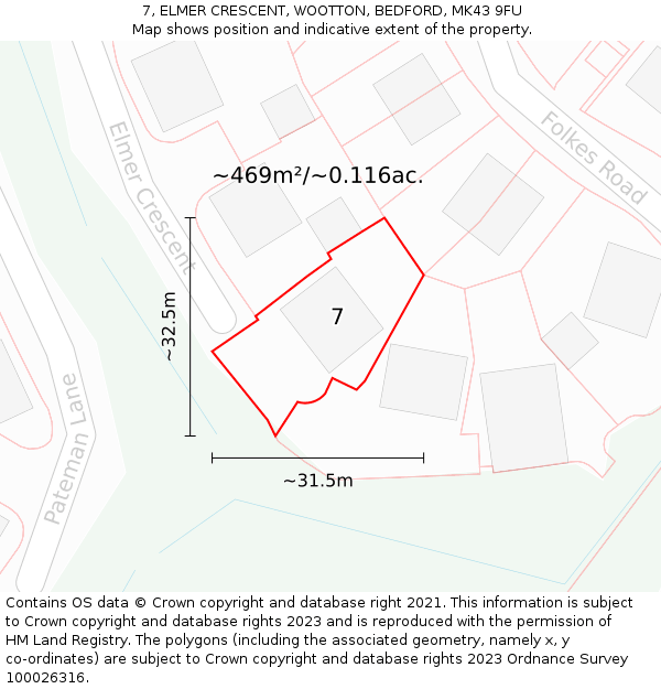 7, ELMER CRESCENT, WOOTTON, BEDFORD, MK43 9FU: Plot and title map