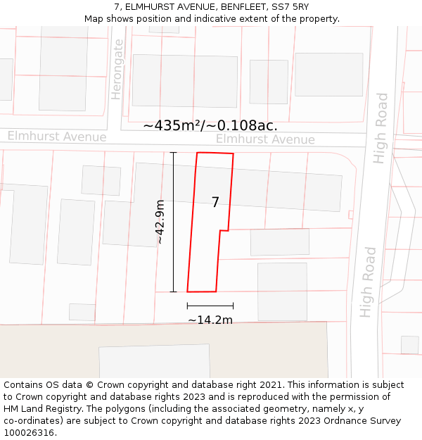 7, ELMHURST AVENUE, BENFLEET, SS7 5RY: Plot and title map