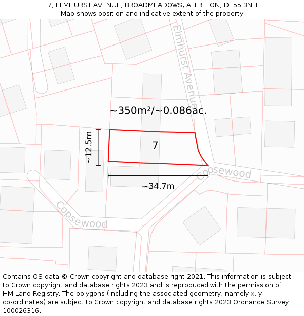 7, ELMHURST AVENUE, BROADMEADOWS, ALFRETON, DE55 3NH: Plot and title map