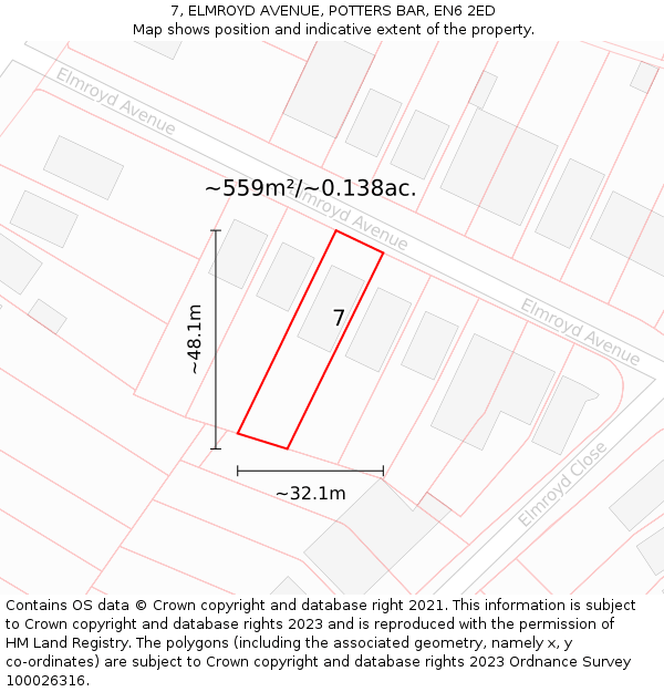 7, ELMROYD AVENUE, POTTERS BAR, EN6 2ED: Plot and title map