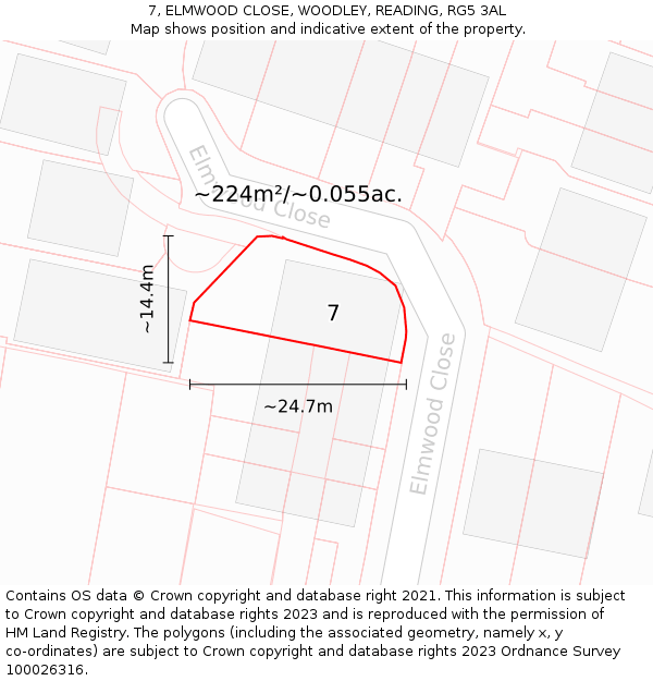 7, ELMWOOD CLOSE, WOODLEY, READING, RG5 3AL: Plot and title map