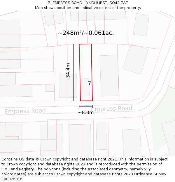 7, EMPRESS ROAD, LYNDHURST, SO43 7AE: Plot and title map