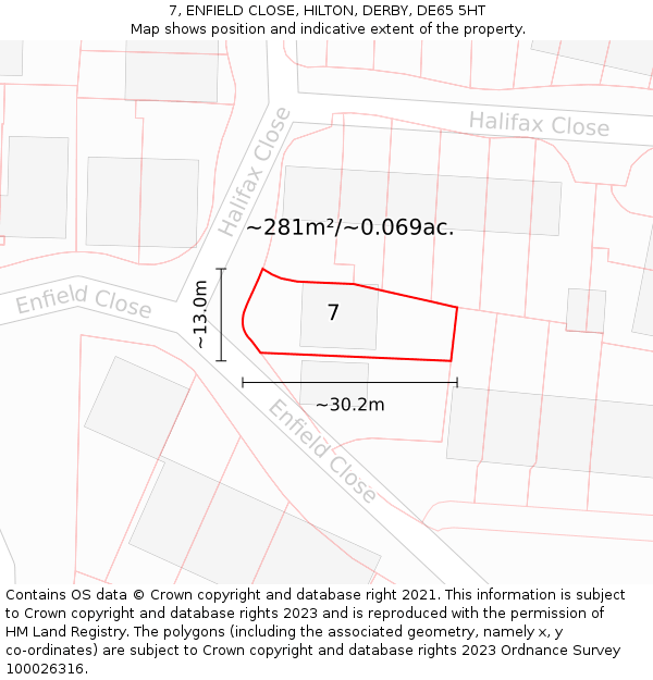 7, ENFIELD CLOSE, HILTON, DERBY, DE65 5HT: Plot and title map