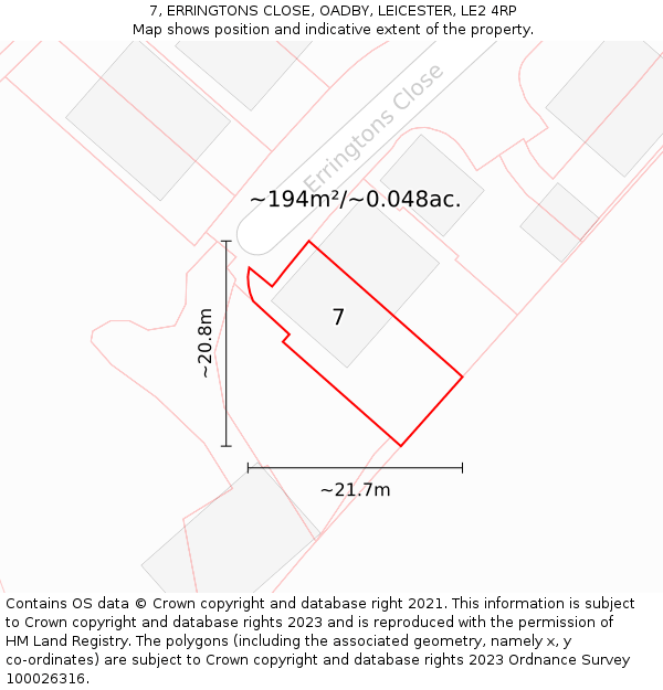 7, ERRINGTONS CLOSE, OADBY, LEICESTER, LE2 4RP: Plot and title map