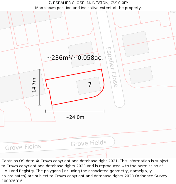 7, ESPALIER CLOSE, NUNEATON, CV10 0FY: Plot and title map