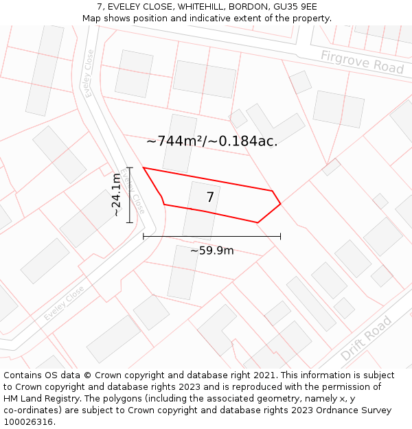 7, EVELEY CLOSE, WHITEHILL, BORDON, GU35 9EE: Plot and title map