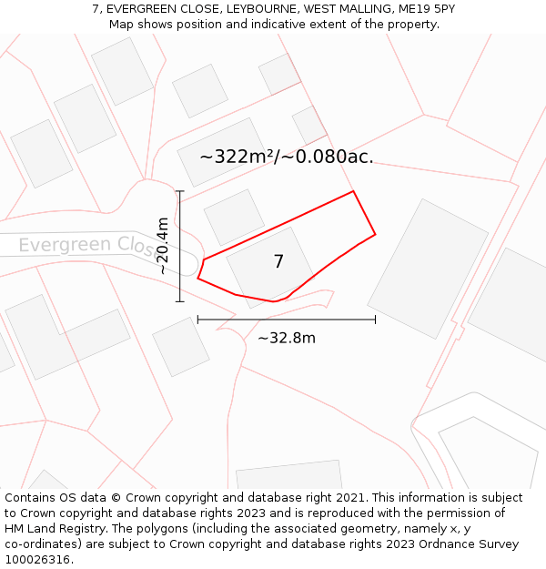 7, EVERGREEN CLOSE, LEYBOURNE, WEST MALLING, ME19 5PY: Plot and title map